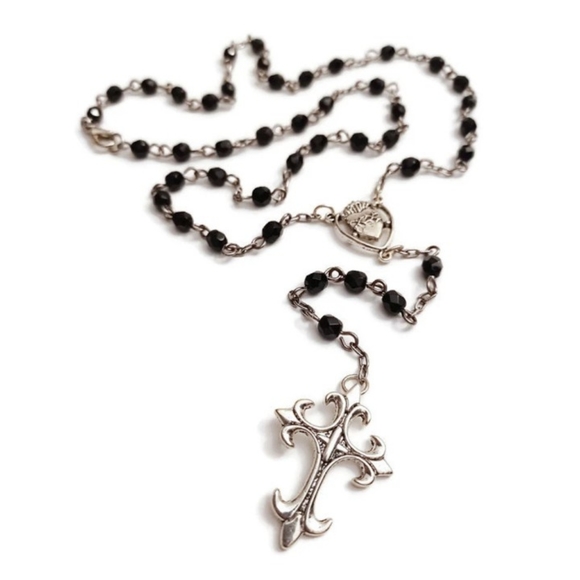 Gothic Victorian Black & Silver Rosary HAND MADE by Vexed Jewelry Goth Necklace - Picture 2 of 6
